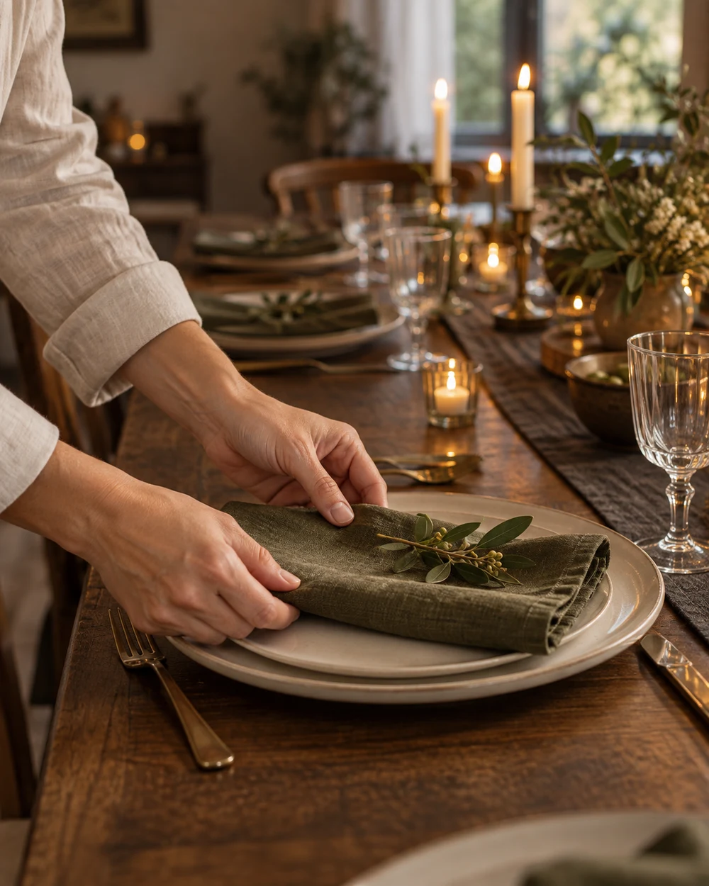 Hands arranging an olive linen napkin on an ivory plate, ready for dinner