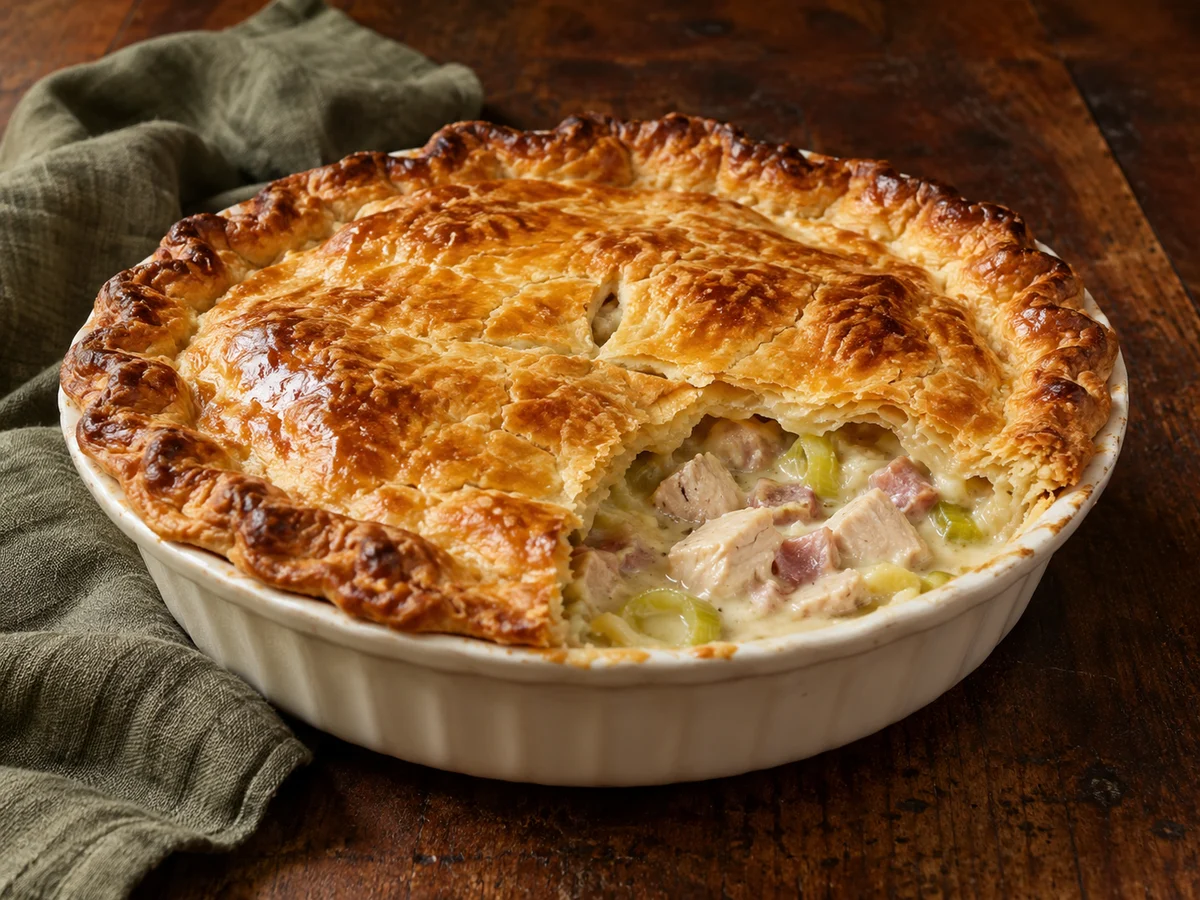 Chicken, ham and leek pie